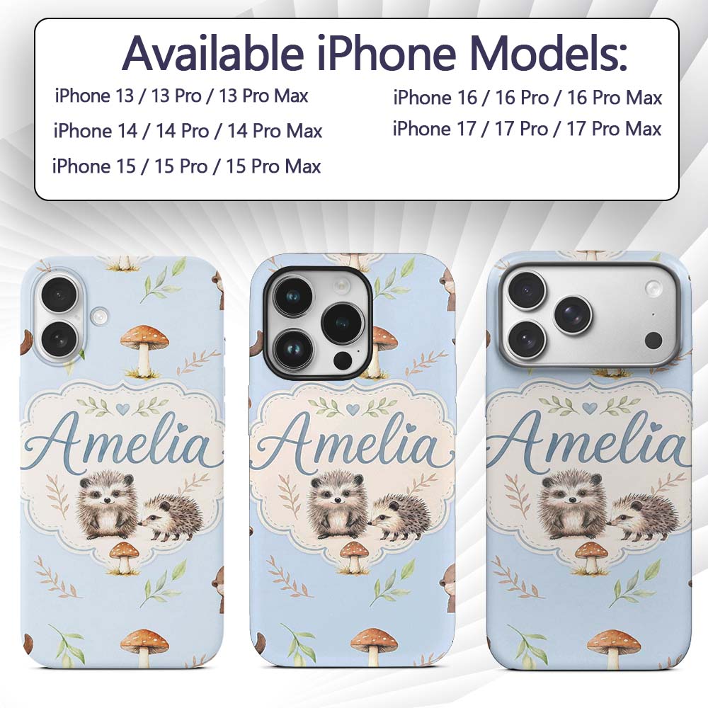 Woodland Hedgehogs with Mushrooms Leaves Soft Custom Name Protective Phone Case Mobile Cover Durable Everyday Smartphone Shock Resistant