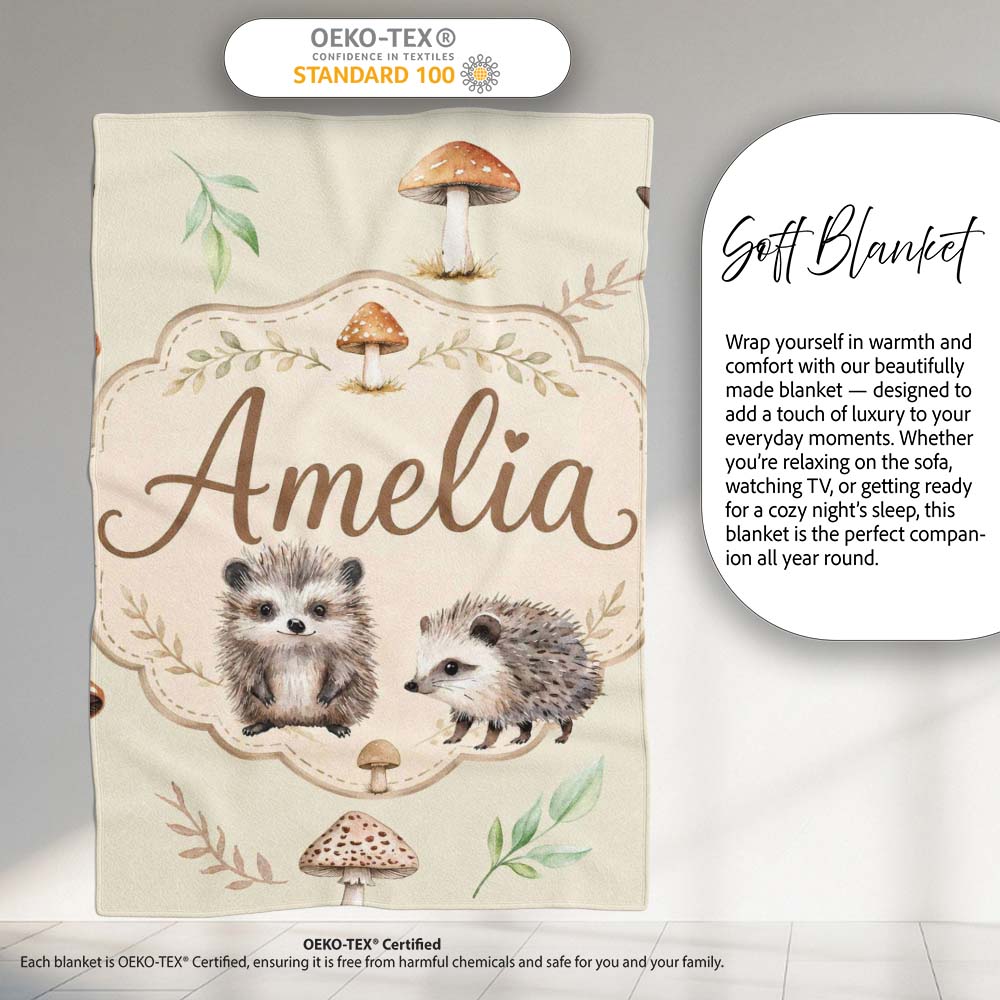 Woodland Hedgehogs with Mushrooms Leaves Soft Beige Seamless Personalised Custom Name Super Soft Fleece Blanket Bed Sofa Throw