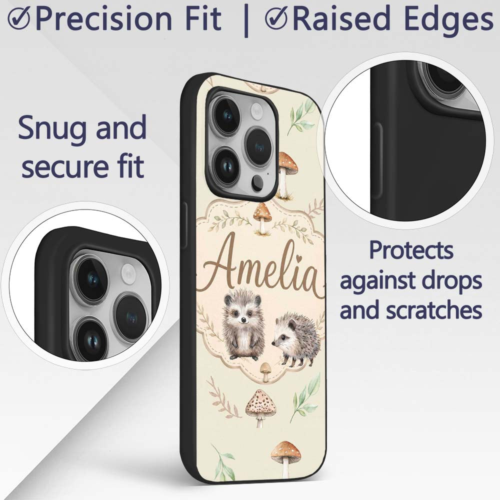 Woodland Hedgehogs with Mushrooms Leaves Soft Custom Name Protective Phone Case Mobile Cover Durable Everyday Smartphone Shock Resistant