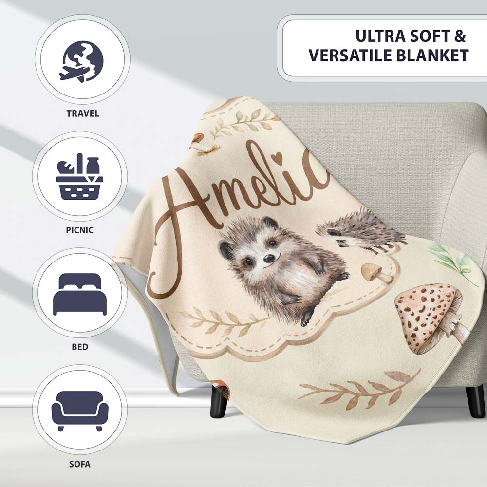 Woodland Hedgehogs with Mushrooms Leaves Soft Beige Seamless Personalised Custom Name Super Soft Fleece Blanket Bed Sofa Throw