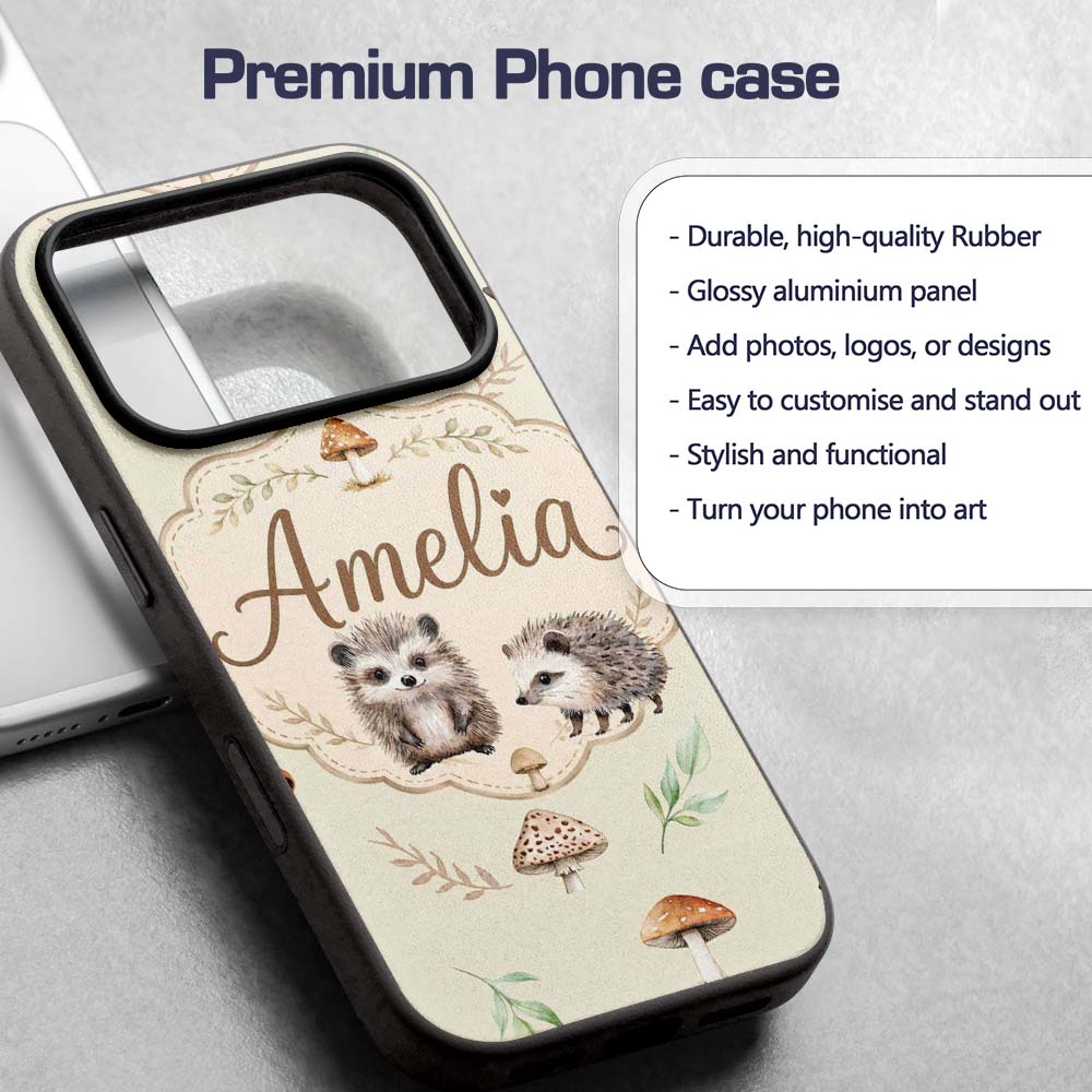 Woodland Hedgehogs with Mushrooms Leaves Soft Custom Name Protective Phone Case Mobile Cover Durable Everyday Smartphone Shock Resistant