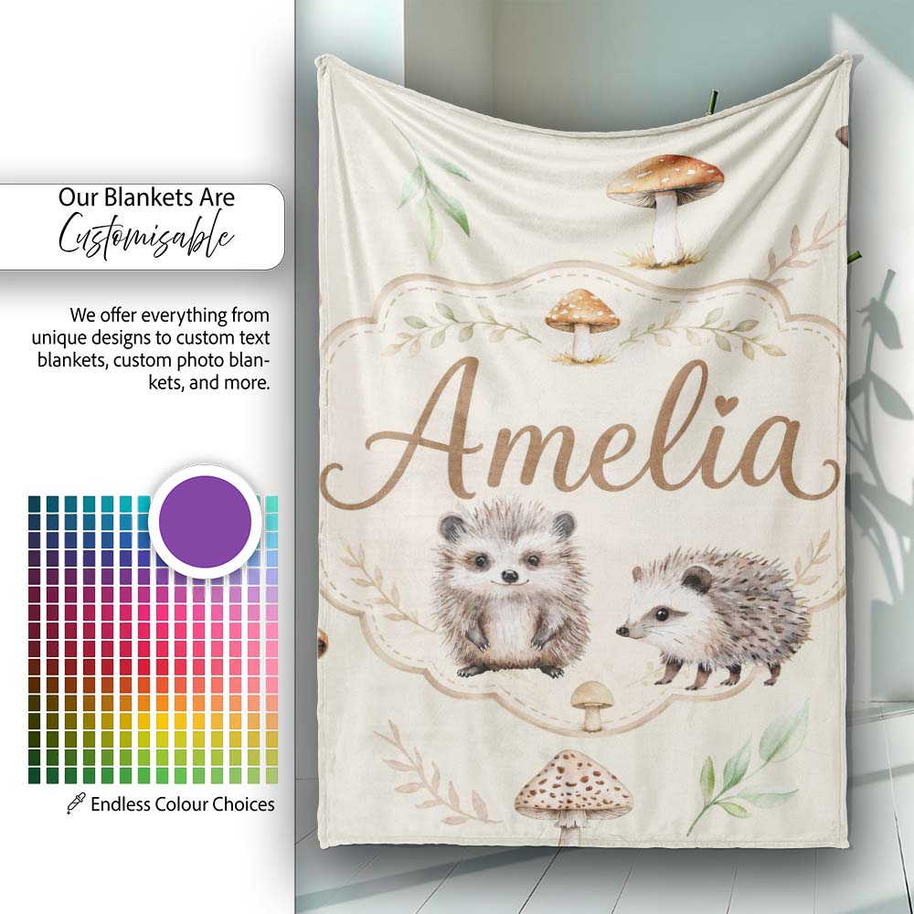 Woodland Hedgehogs with Mushrooms Leaves Soft Beige Seamless Personalised Custom Name Super Soft Fleece Blanket Bed Sofa Throw