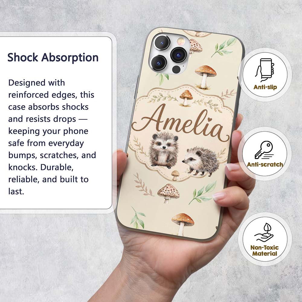 Woodland Hedgehogs with Mushrooms Leaves Soft Custom Name Protective Phone Case Mobile Cover Durable Everyday Smartphone Shock Resistant