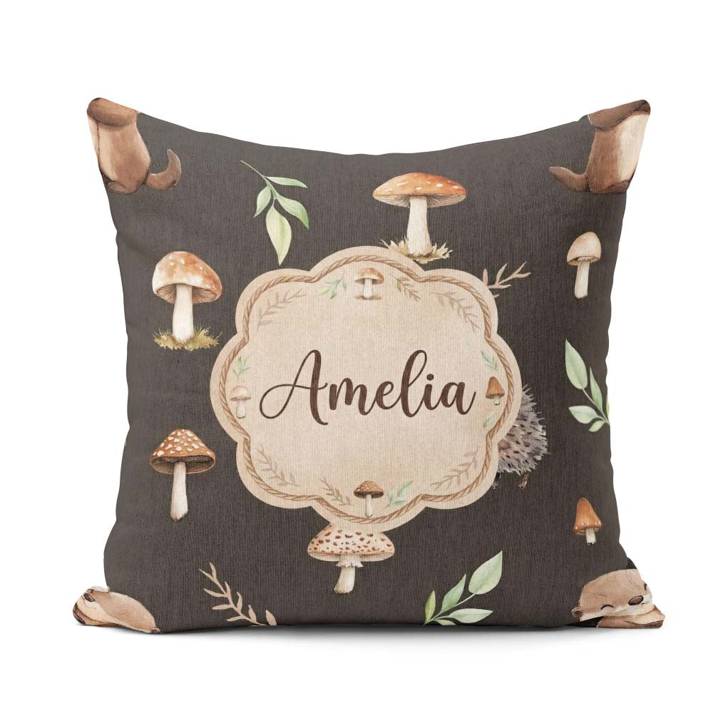Custom Name Woodland Hedgehogs with Mushrooms Leaves Dark Brown Square Filled Cushion Throw Pillow Sofa Bed Home Decor Zip Washable UK Made