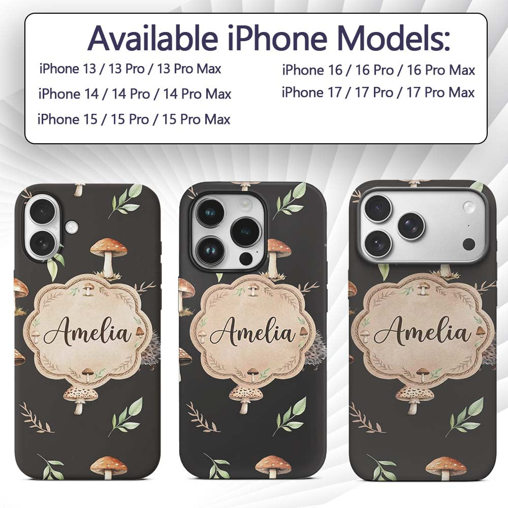 Woodland Hedgehogs with Mushrooms Leaves Dark Custom Name Protective Phone Case Mobile Cover Durable Everyday Smartphone Shock Resistant