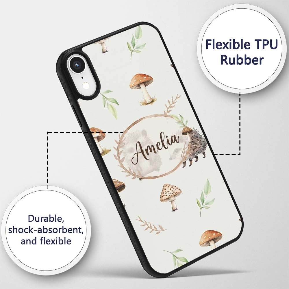 Woodland Hedgehogs with Mushrooms Leaves Light Custom Name Protective Phone Case Mobile Cover Durable Everyday Smartphone Shock Resistant