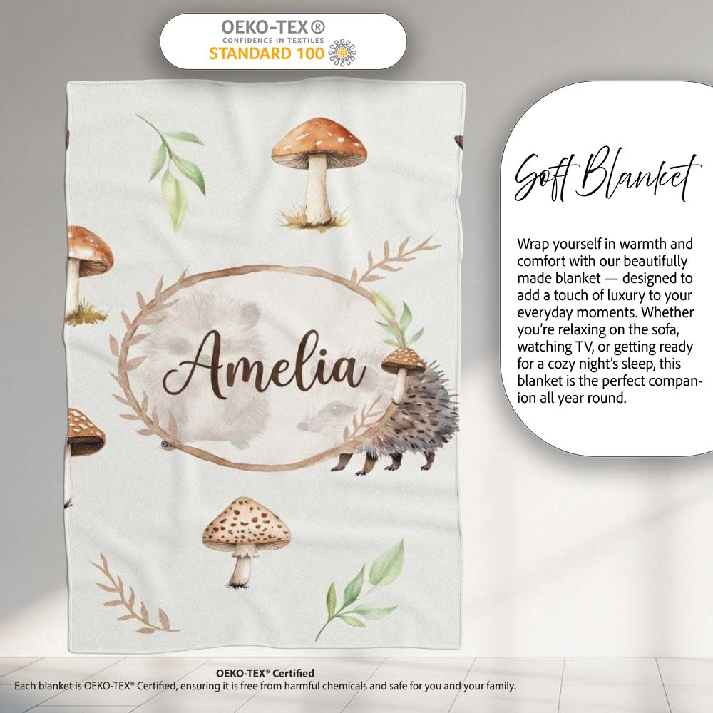 Woodland Hedgehogs with Mushrooms Leaves Light Grey Seamless Personalised Custom Name Super Soft Fleece Blanket Bed Sofa Throw