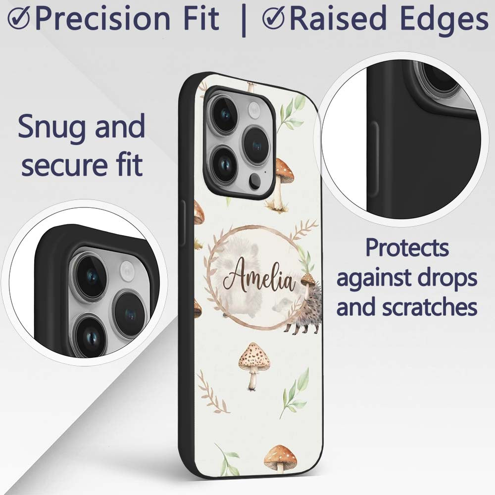 Woodland Hedgehogs with Mushrooms Leaves Light Custom Name Protective Phone Case Mobile Cover Durable Everyday Smartphone Shock Resistant