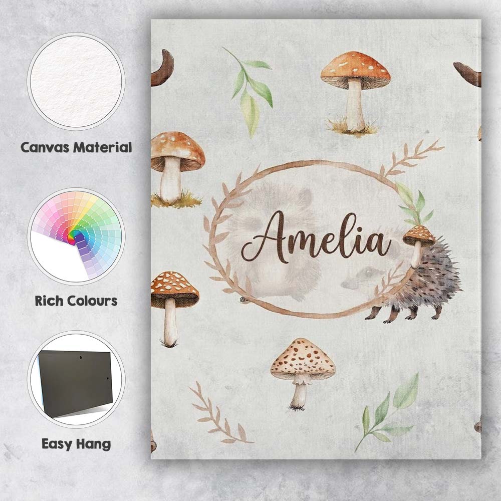 Personalised Name Woodland Hedgehogs with Custom Unique Gift Idea Elegant Feature Canvas Wall Art Print Decor Picture Ready to Hang