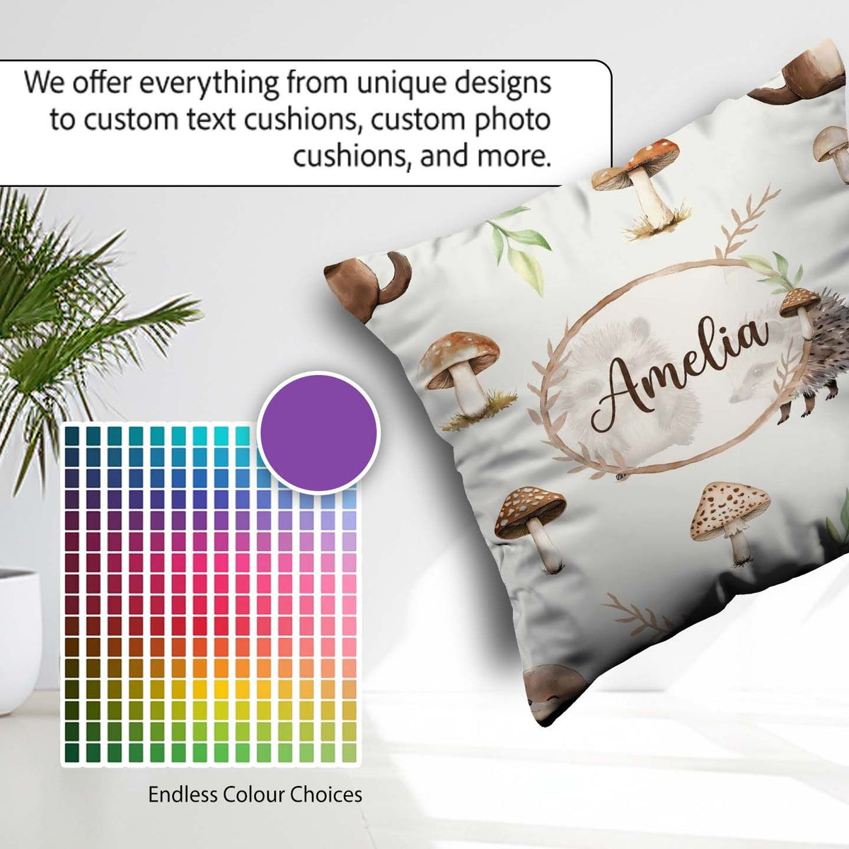 Custom Name Woodland Hedgehogs with Mushrooms Leaves Light Grey Square Filled Cushion Throw Pillow Sofa Bed Home Decor Zip Washable UK Made