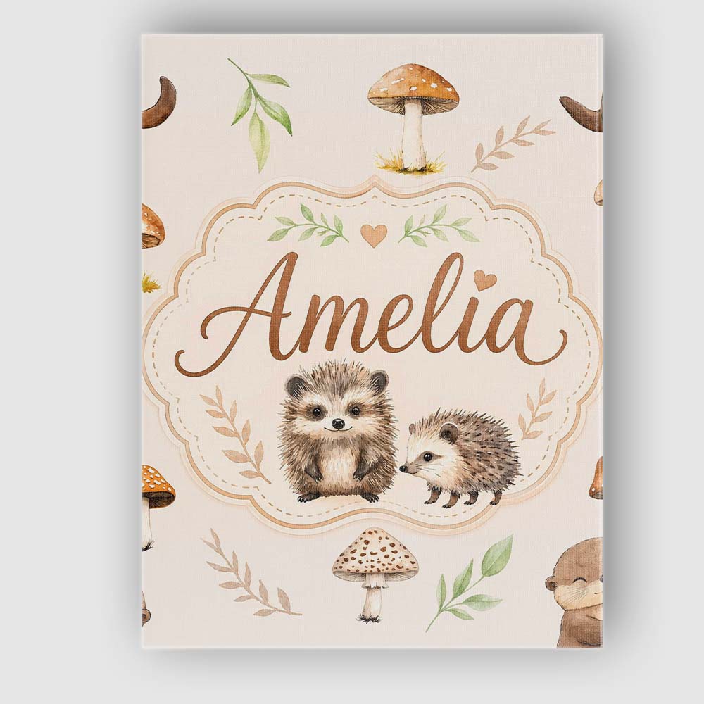 Personalised Name Woodland Hedgehogs with Custom Unique Gift Idea Elegant Feature Canvas Wall Art Print Decor Picture Ready to Hang