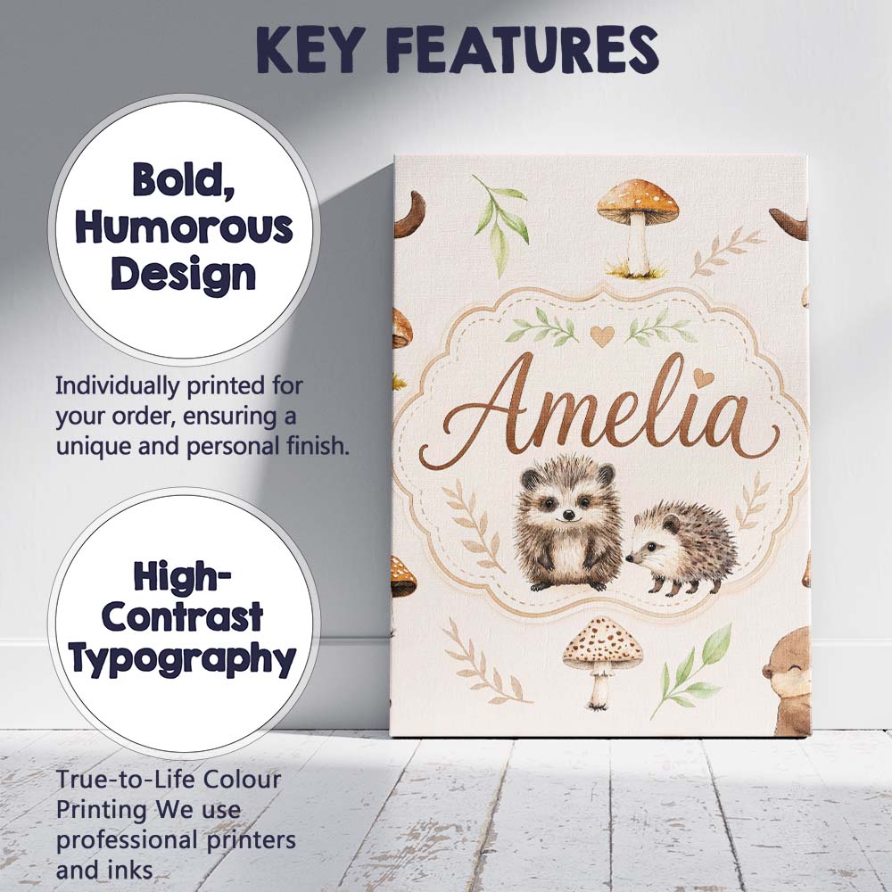 Personalised Name Woodland Hedgehogs with Custom Unique Gift Idea Elegant Feature Canvas Wall Art Print Decor Picture Ready to Hang