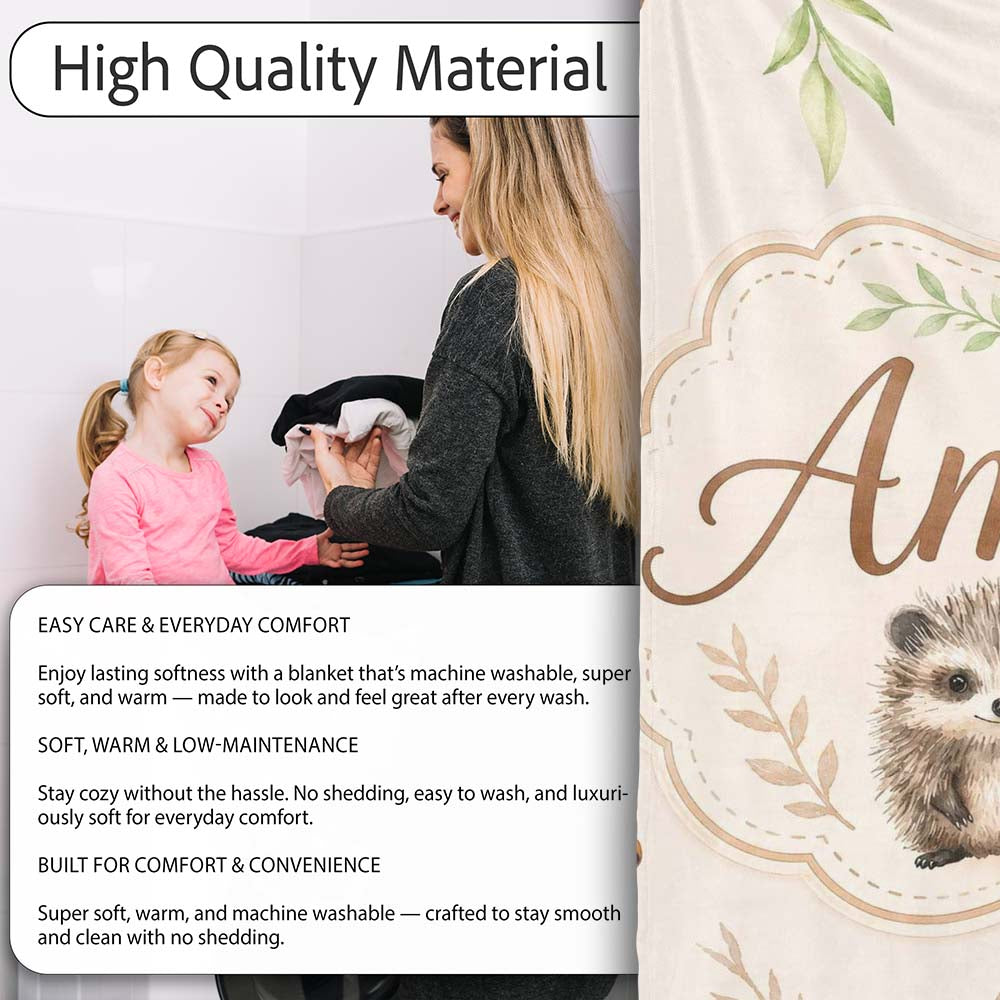 Woodland Hedgehogs with Mushrooms Leaves Warm Neutral Seamless Personalised Custom Name Super Soft Fleece Blanket Bed Sofa Throw