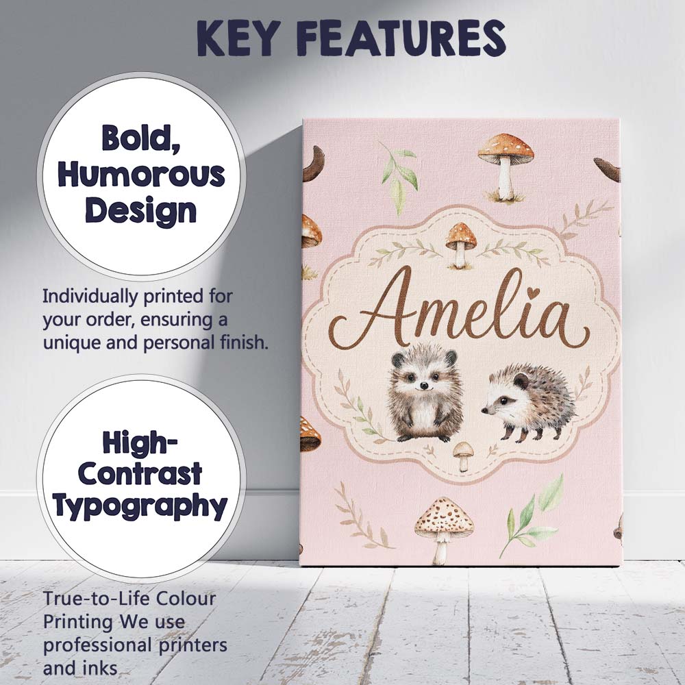 Personalised Name Woodland Hedgehogs with Custom Unique Gift Idea Elegant Feature Canvas Wall Art Print Decor Picture Ready to Hang