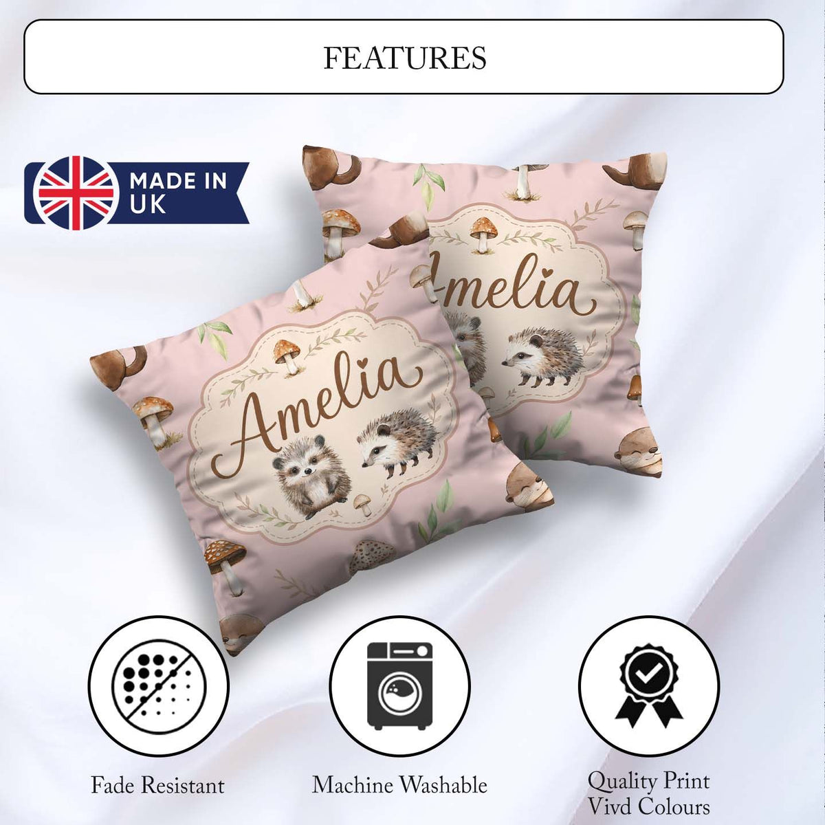 Custom Name Woodland Hedgehogs with Mushrooms Leaves Soft Cream Square Filled Cushion Throw Pillow Sofa Bed Home Decor Zip Washable UK Made