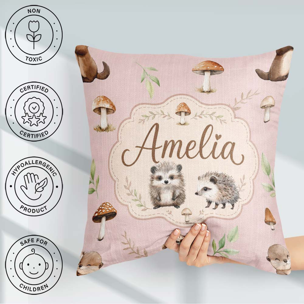 Custom Name Woodland Hedgehogs with Mushrooms Leaves Soft Cream Square Filled Cushion Throw Pillow Sofa Bed Home Decor Zip Washable UK Made