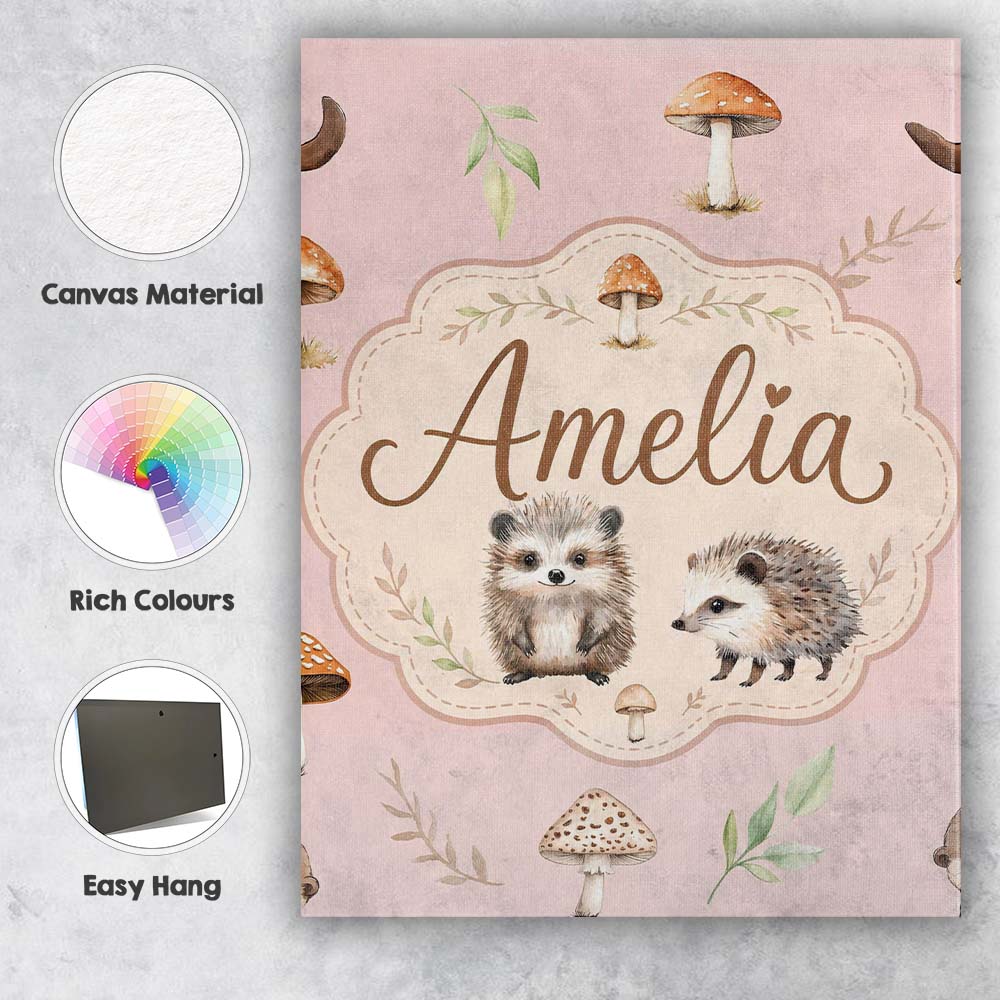 Personalised Name Woodland Hedgehogs with Custom Unique Gift Idea Elegant Feature Canvas Wall Art Print Decor Picture Ready to Hang