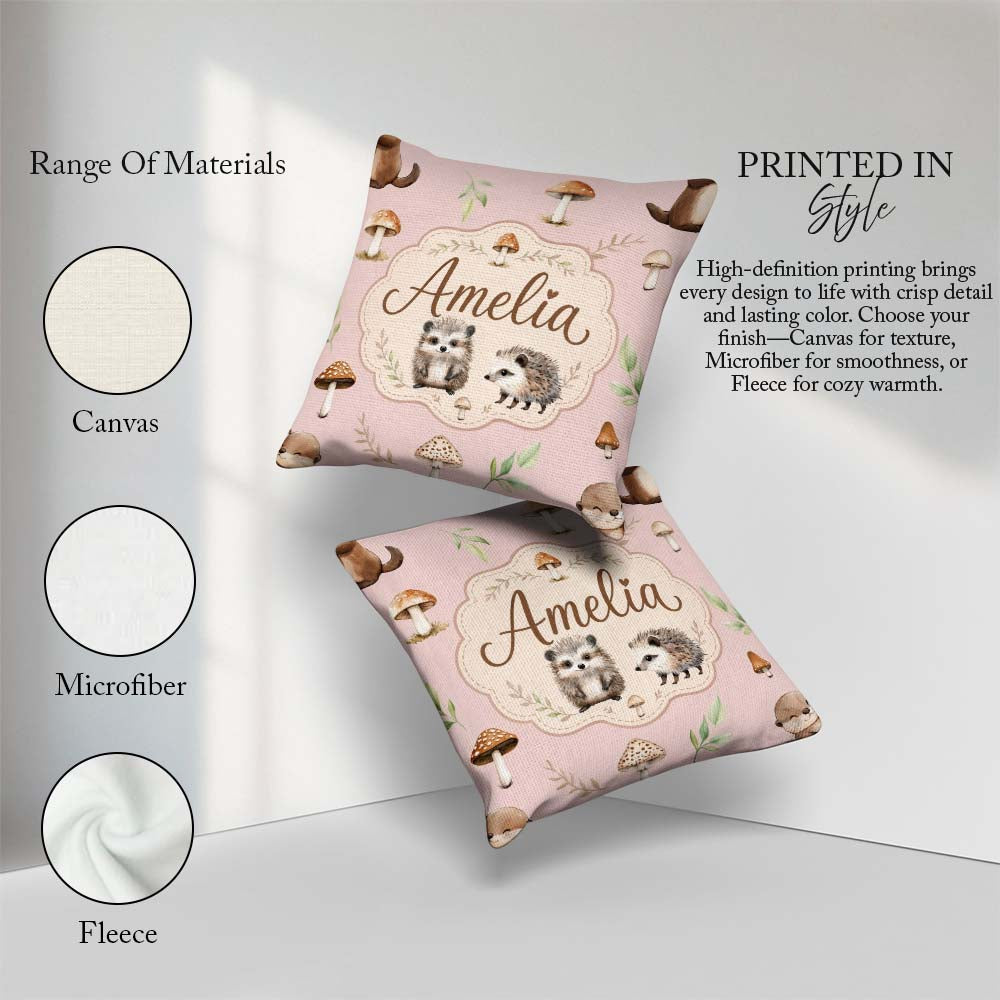 Custom Name Woodland Hedgehogs with Mushrooms Leaves Soft Cream Square Filled Cushion Throw Pillow Sofa Bed Home Decor Zip Washable UK Made