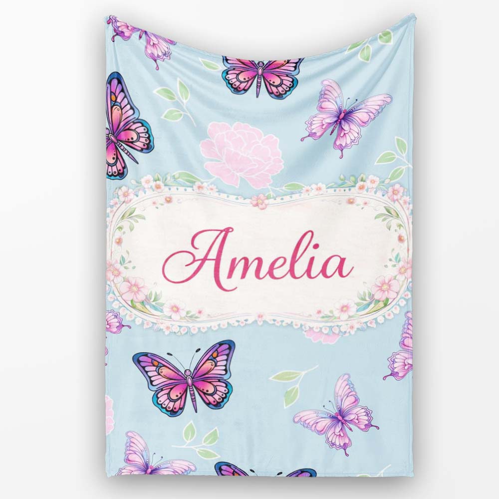 Pink Purple Butterfly Floral Blue Background Seamless Pattern Lovely Personalised Custom Name Super Soft Fleece Blanket Bed Sofa Throw