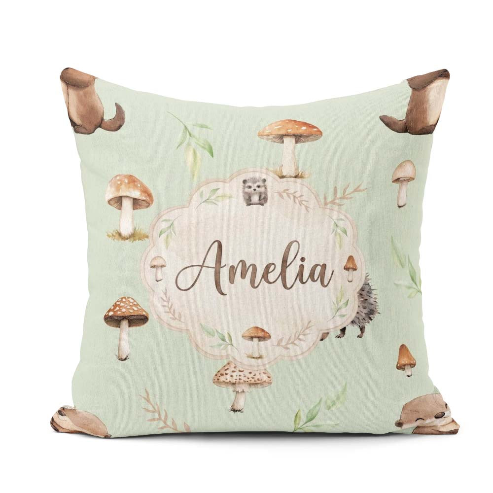 Custom Name Woodland Hedgehogs with Mushrooms Soft Sage Seamless Square Filled Cushion Throw Pillow Sofa Bed Home Decor Zip Washable UK Made
