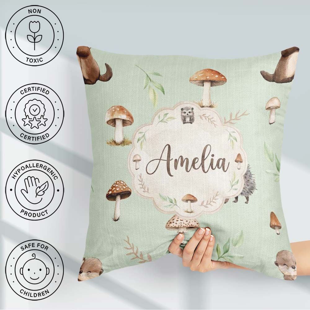 Custom Name Woodland Hedgehogs with Mushrooms Soft Sage Seamless Square Filled Cushion Throw Pillow Sofa Bed Home Decor Zip Washable UK Made