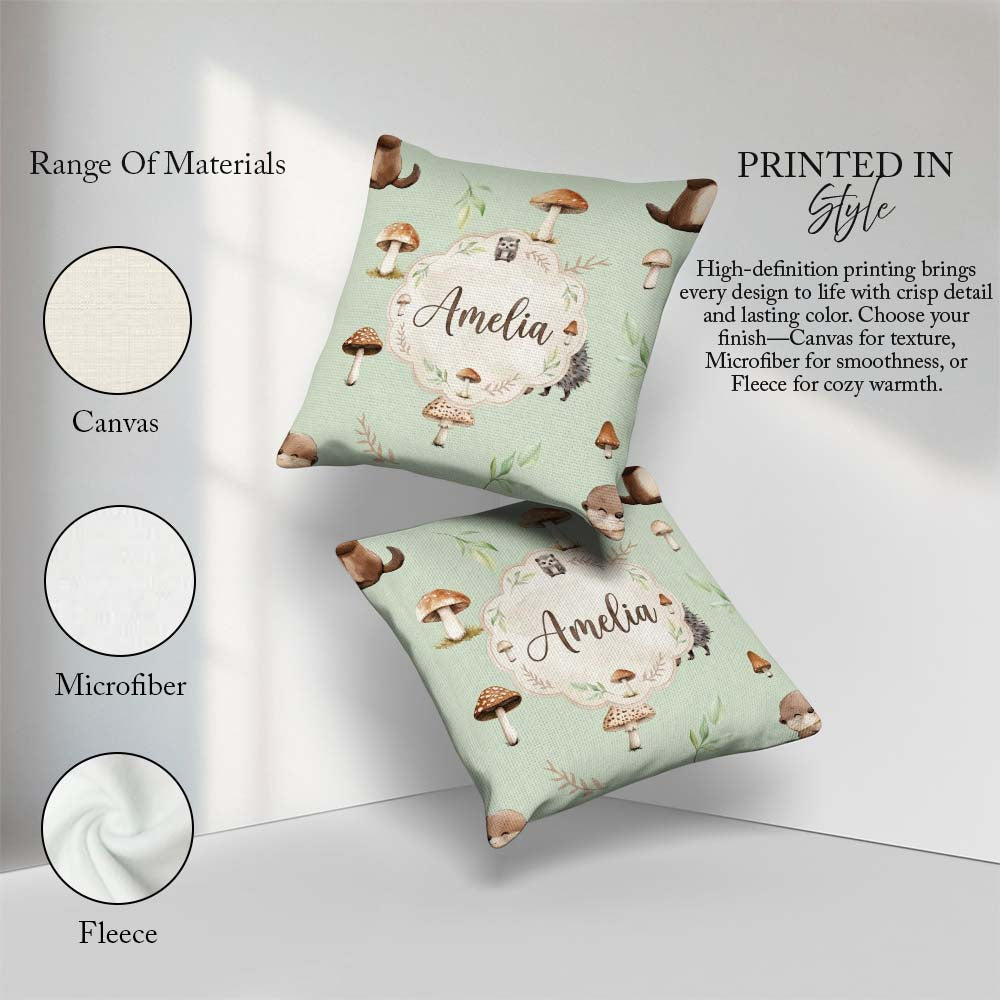 Custom Name Woodland Hedgehogs with Mushrooms Soft Sage Seamless Square Filled Cushion Throw Pillow Sofa Bed Home Decor Zip Washable UK Made