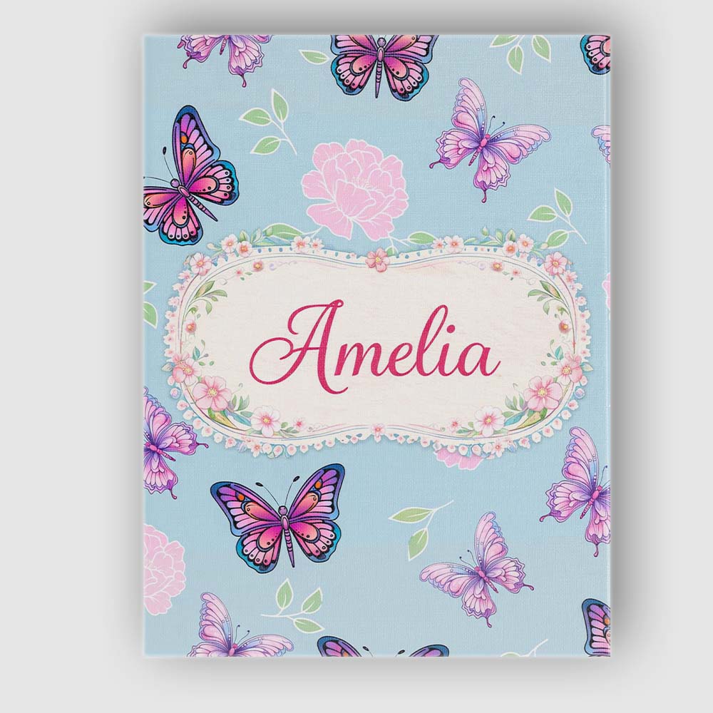 Personalised Name Pink Purple Butterfly Floral Blue Background Custom Modern Room Accent Canvas Wall Art Print Decor Picture Ready to Hang