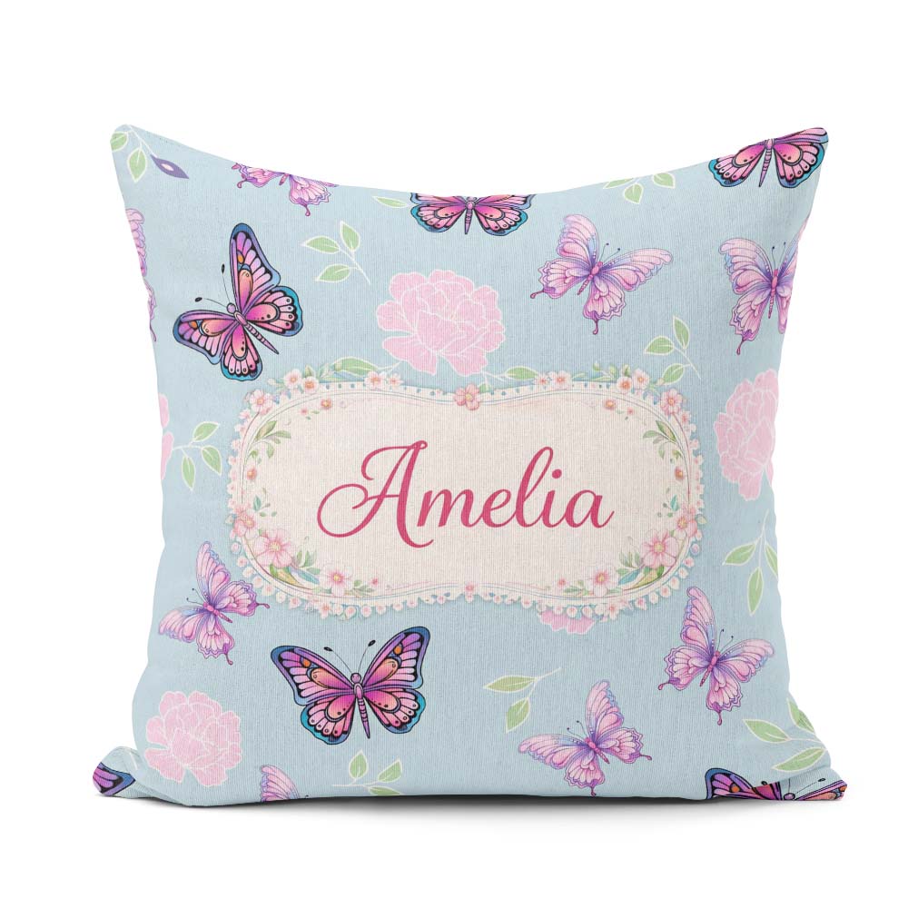 Custom Name Pink Purple Butterfly Floral Blue Background Pattern Square Filled Cushion Throw Pillow Sofa Bed Home Decor Zip Washable UK Made