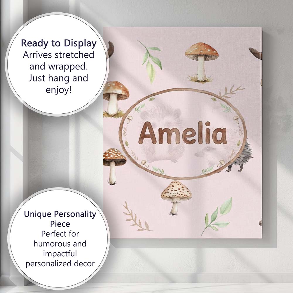 Personalised Name Woodland Hedgehogs with Custom Unique Gift Idea Elegant Feature Canvas Wall Art Print Decor Picture Ready to Hang