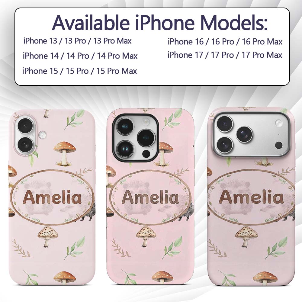 Woodland Hedgehogs with Mushrooms Leaves Soft Custom Name Protective Phone Case Mobile Cover Durable Everyday Smartphone Shock Resistant