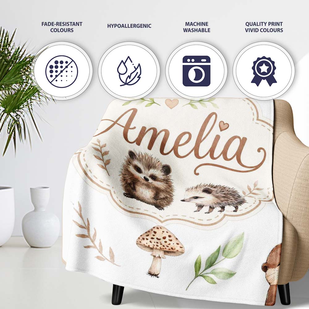 Cute Woodland Hedgehogs with Mushrooms Leaves White Background Personalised Custom Name Super Soft Fleece Blanket Bed Sofa Throw