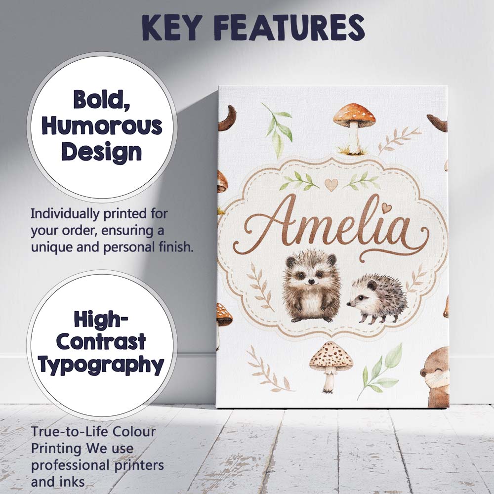 Personalised Name Cute Woodland Hedgehogs Custom Unique Gift Idea Elegant Feature Canvas Wall Art Print Decor Picture Ready to Hang