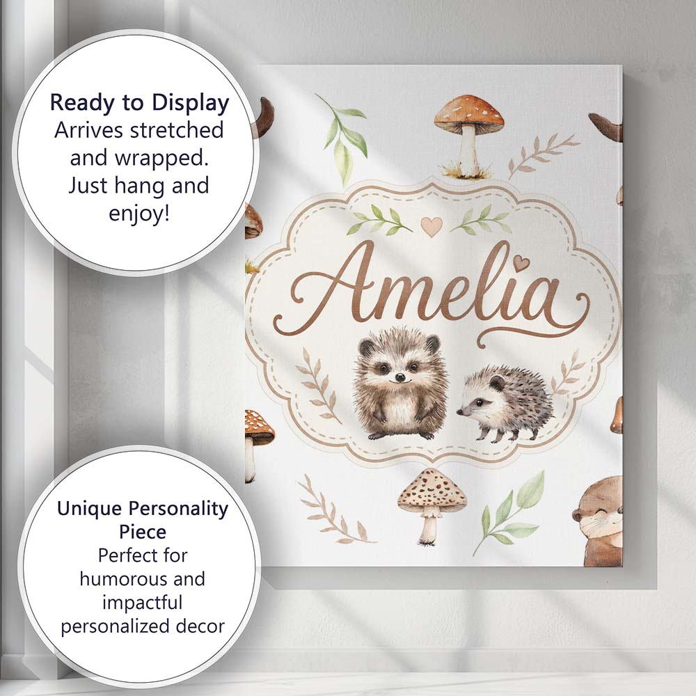 Personalised Name Cute Woodland Hedgehogs Custom Unique Gift Idea Elegant Feature Canvas Wall Art Print Decor Picture Ready to Hang
