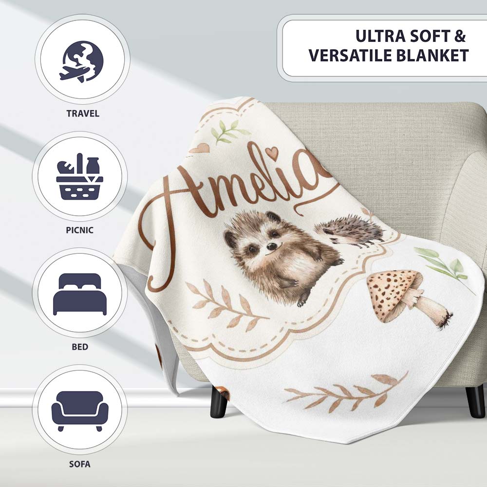 Cute Woodland Hedgehogs with Mushrooms Leaves White Background Personalised Custom Name Super Soft Fleece Blanket Bed Sofa Throw