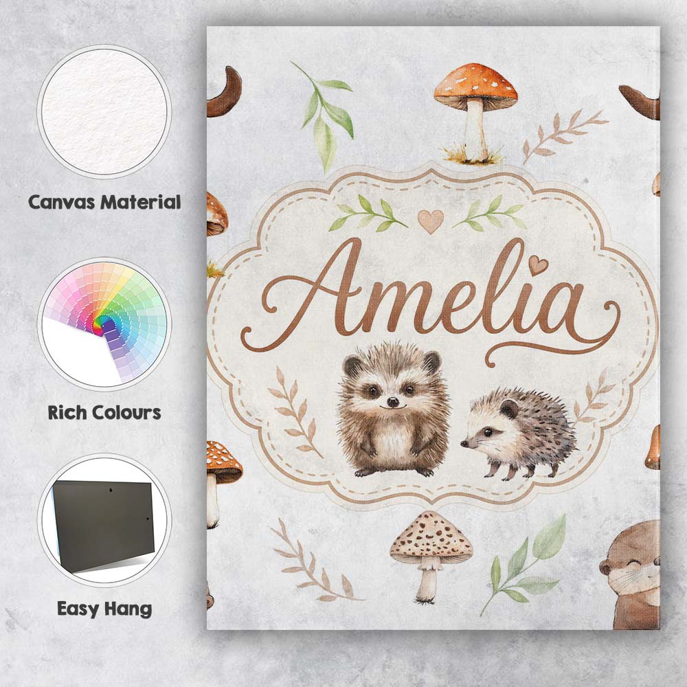Personalised Name Cute Woodland Hedgehogs Custom Unique Gift Idea Elegant Feature Canvas Wall Art Print Decor Picture Ready to Hang