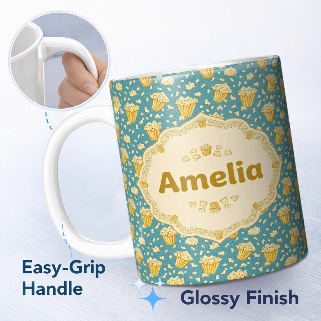 Personalized Custom Name Golden Popcorn Buckets and Scattered Kernels on Blue Background 11oz Ceramic Coffee Tea Mug White Large Handle