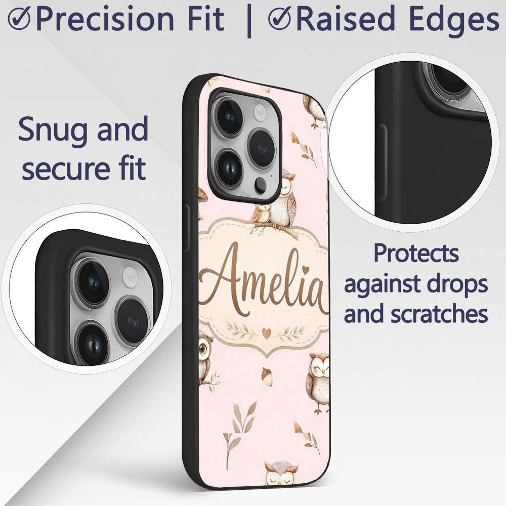 Cute Woodland Owls with Mushrooms Leaves Soft Custom Name Protective Phone Case Mobile Cover Durable Everyday Smartphone Shock Resistant