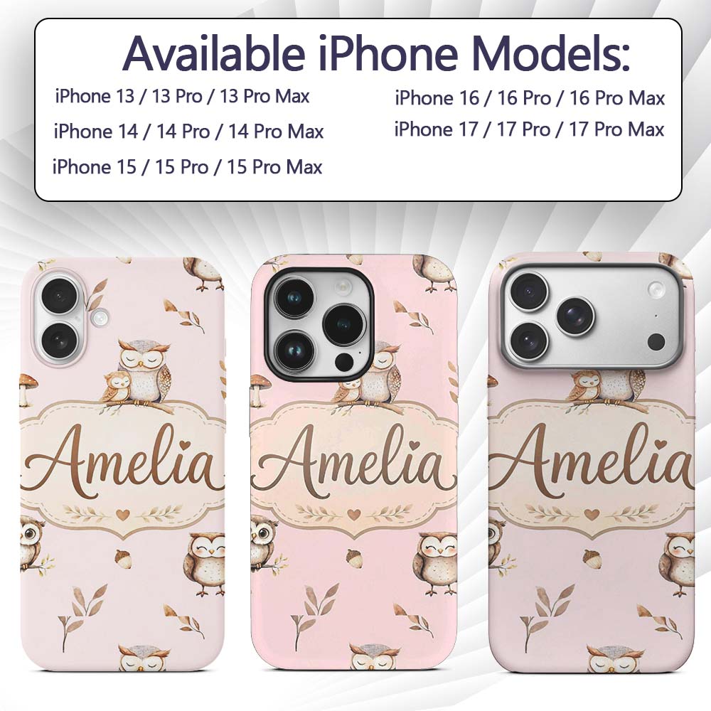 Cute Woodland Owls with Mushrooms Leaves Soft Custom Name Protective Phone Case Mobile Cover Durable Everyday Smartphone Shock Resistant
