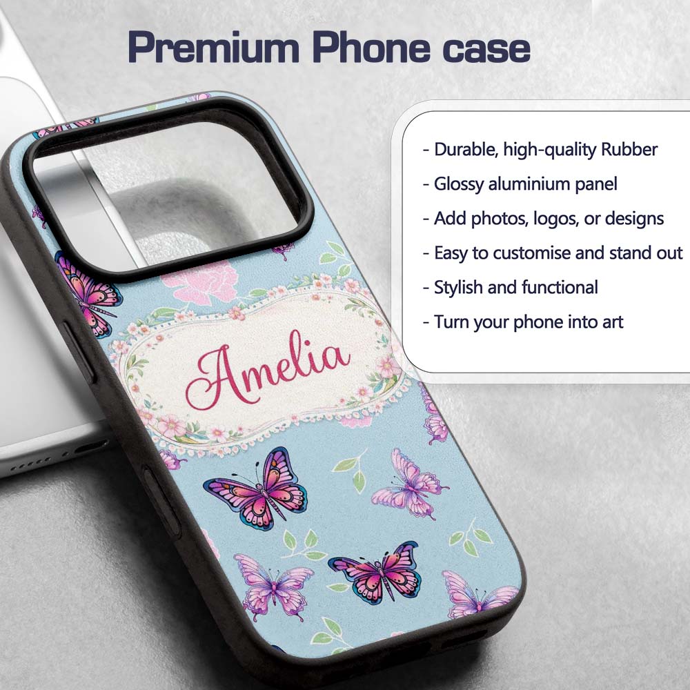 Pink Purple Butterfly Floral Blue Background Custom Name Protective Phone Case Mobile Cover Durable Everyday Smartphone Shock Resistant