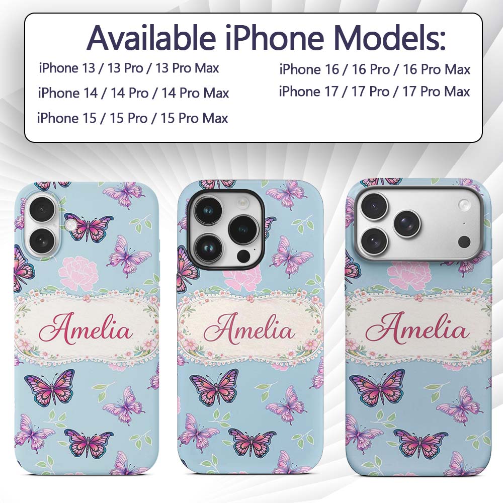 Pink Purple Butterfly Floral Blue Background Custom Name Protective Phone Case Mobile Cover Durable Everyday Smartphone Shock Resistant