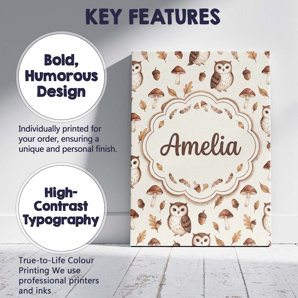 Personalised Name Cute Woodland Owls with Custom Unique Gift Idea Elegant Feature Canvas Wall Art Print Decor Picture Ready to Hang