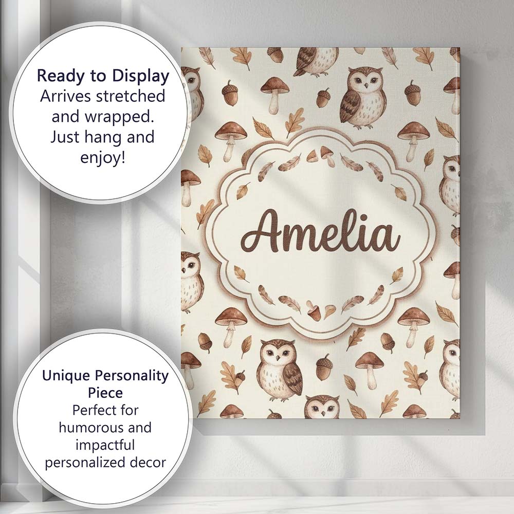 Personalised Name Cute Woodland Owls with Custom Unique Gift Idea Elegant Feature Canvas Wall Art Print Decor Picture Ready to Hang