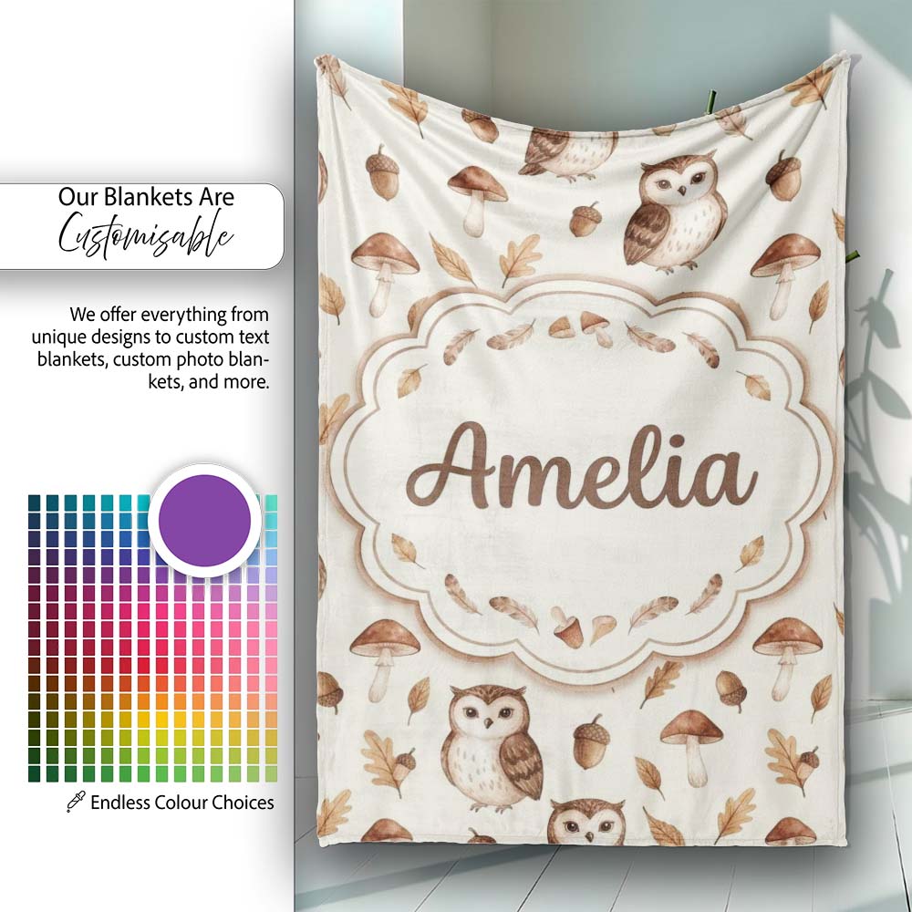 Cute Woodland Owls with Mushrooms Leaves Soft Beige Background Personalised Custom Name Super Soft Fleece Blanket Bed Sofa Throw