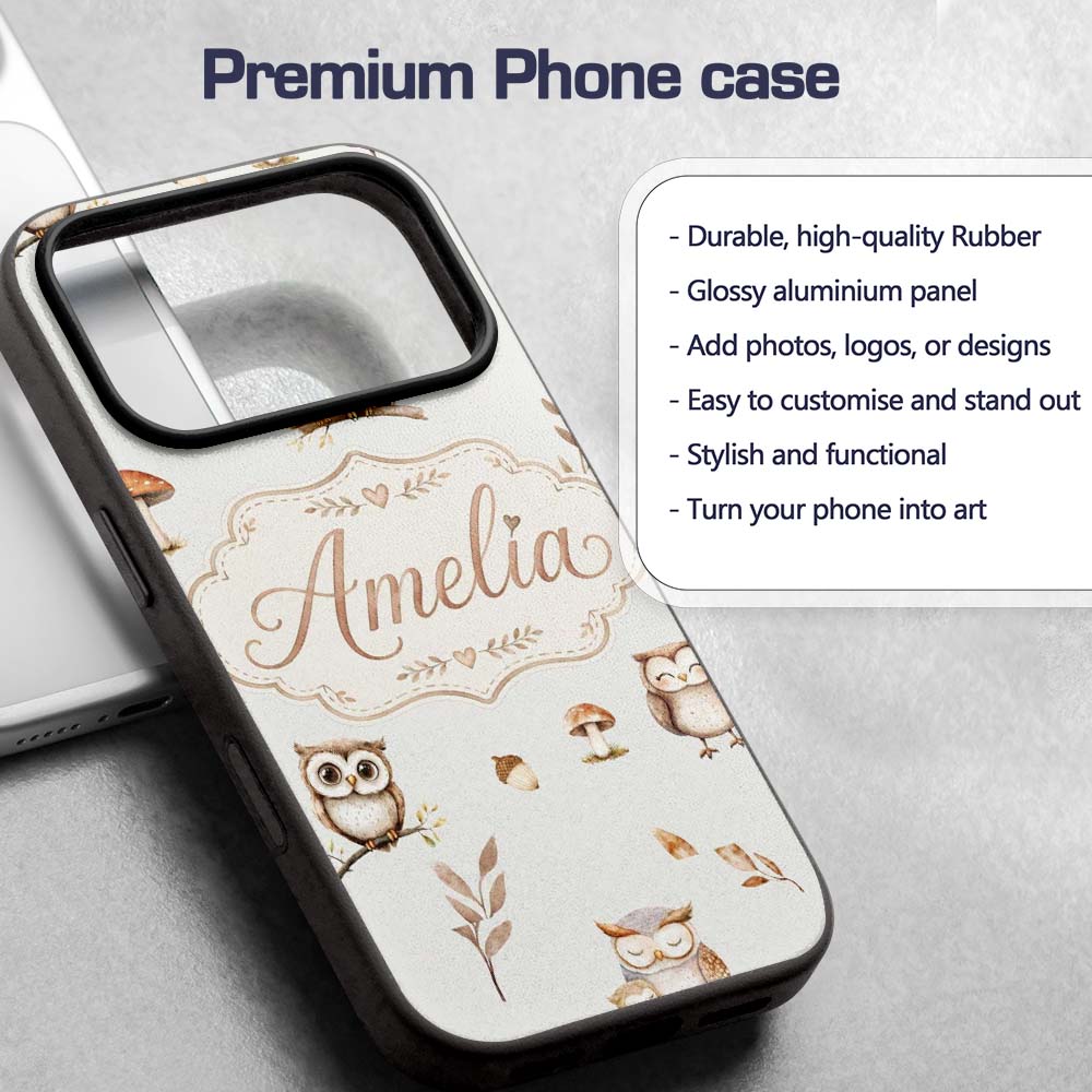 Woodland Owls with Mushrooms Leaves Warm Neutral Custom Name Protective Phone Case Mobile Cover Durable Everyday Smartphone Shock Resistant