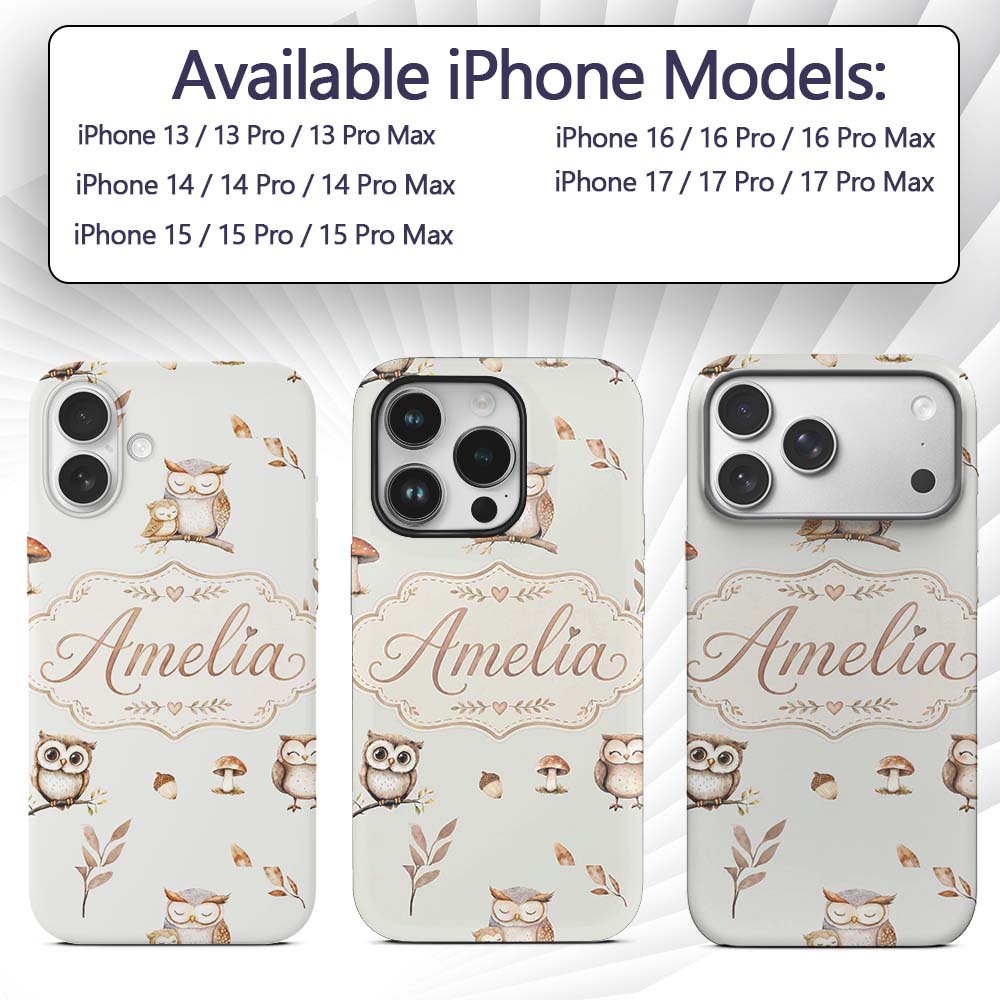 Woodland Owls with Mushrooms Leaves Warm Neutral Custom Name Protective Phone Case Mobile Cover Durable Everyday Smartphone Shock Resistant