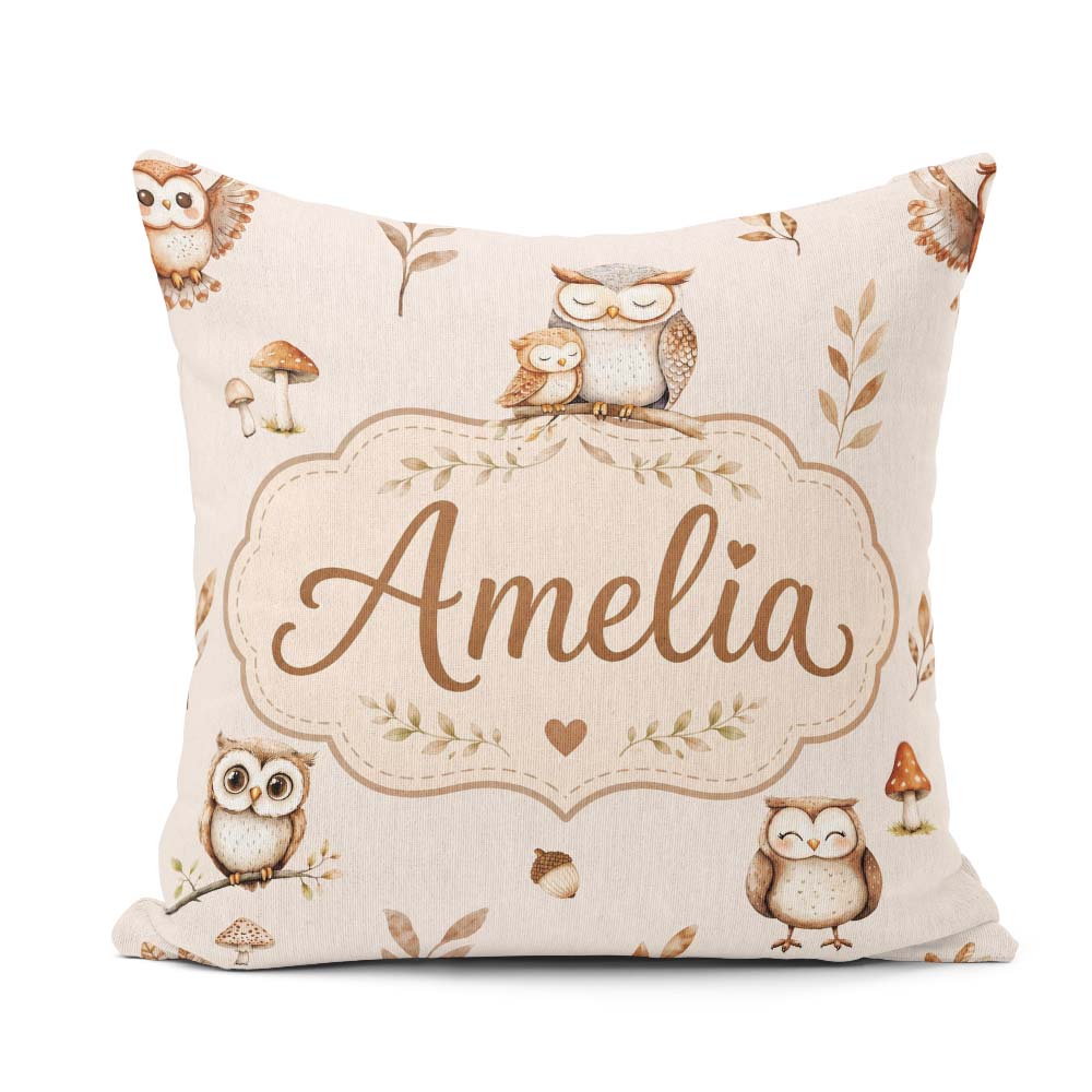 Custom Name Cute Woodland Owls with Leaves Soft Cream Background Square Filled Cushion Throw Pillow Sofa Bed Home Decor Zip Washable UK Made