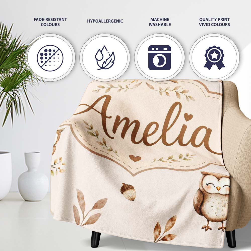 Cute Woodland Owls with Mushrooms Leaves Soft Cream Background Personalised Custom Name Super Soft Fleece Blanket Bed Sofa Throw