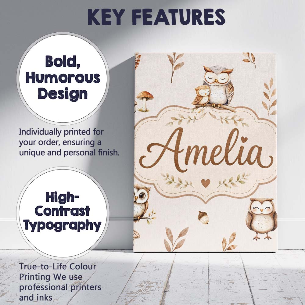 Personalised Name Cute Woodland Owls with Custom Unique Gift Idea Elegant Feature Canvas Wall Art Print Decor Picture Ready to Hang