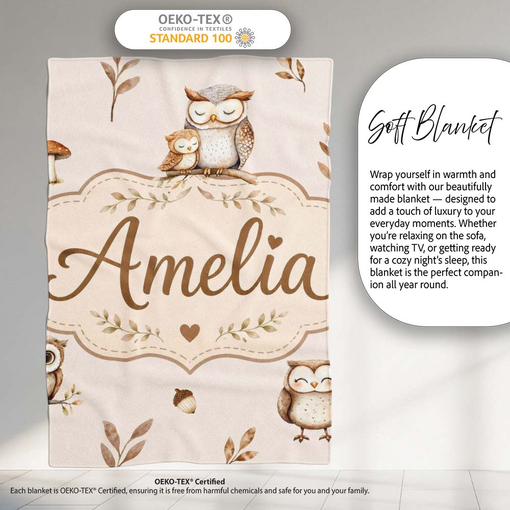 Cute Woodland Owls with Mushrooms Leaves Soft Cream Background Personalised Custom Name Super Soft Fleece Blanket Bed Sofa Throw