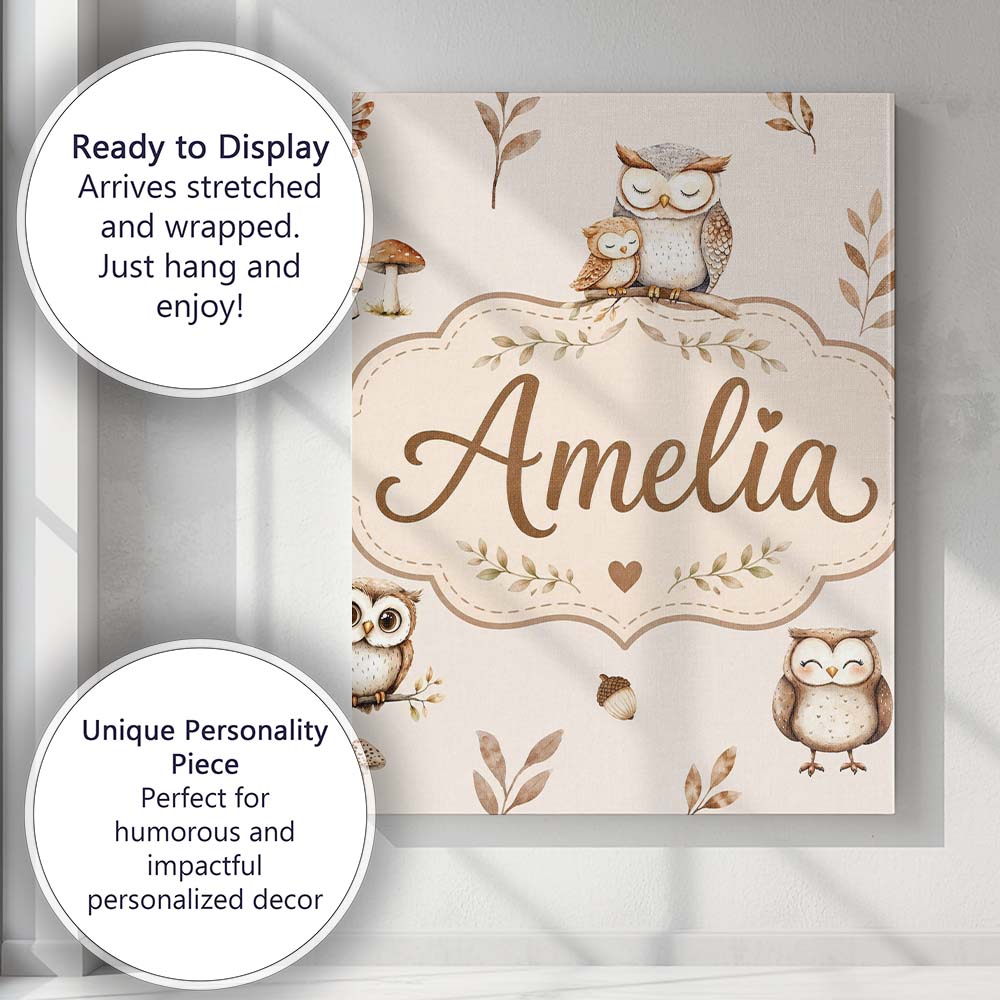 Personalised Name Cute Woodland Owls with Custom Unique Gift Idea Elegant Feature Canvas Wall Art Print Decor Picture Ready to Hang